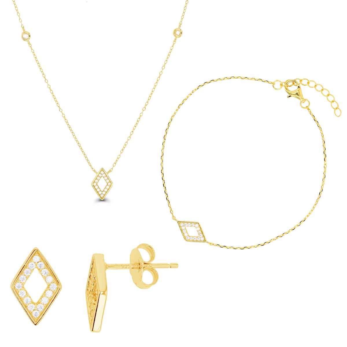 Sterling Silver Yellow 1-Micron CZ Rhombus 7"+1" Bracelet, 18"+2" Necklace & Earring Set