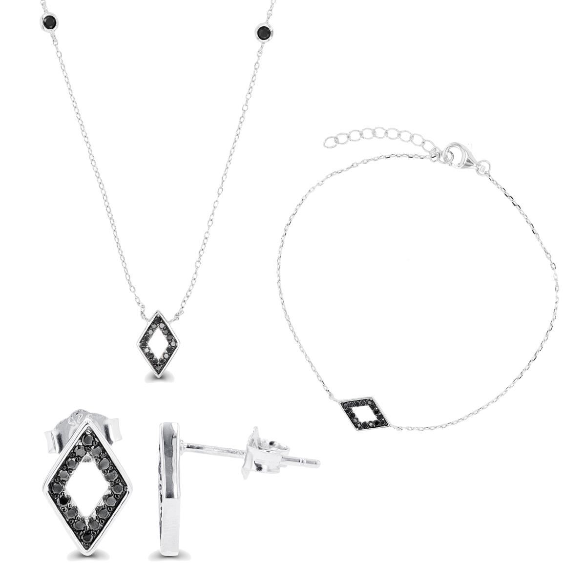 Sterling Silver Rhodium Black Spinel Rhombus 7"+1" Bracelet, 18"+2" Necklace & Earring Set
