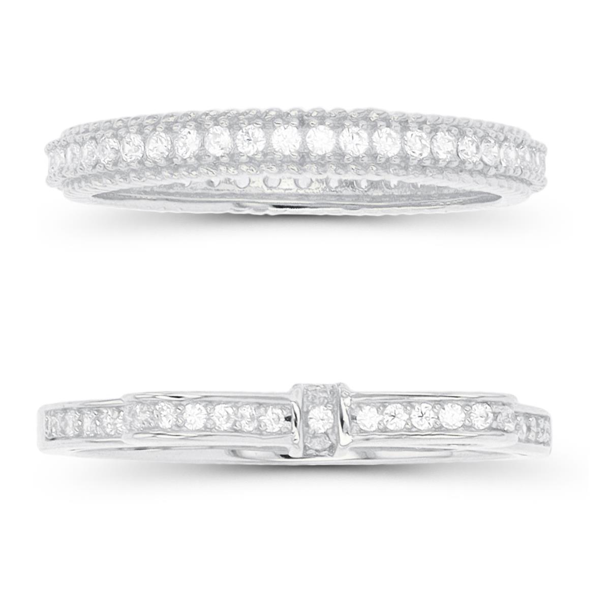 Sterling Silver Rhodium CZ Groove Thin Eternity & Bow Ring Set