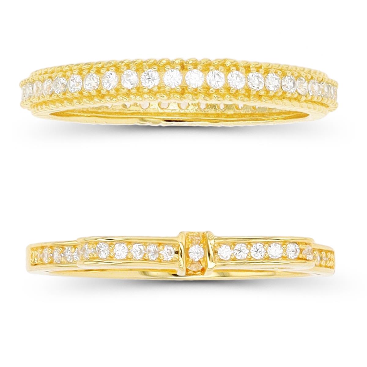 Sterling Silver Yellow CZ Groove Thin Eternity & Bow Ring Set