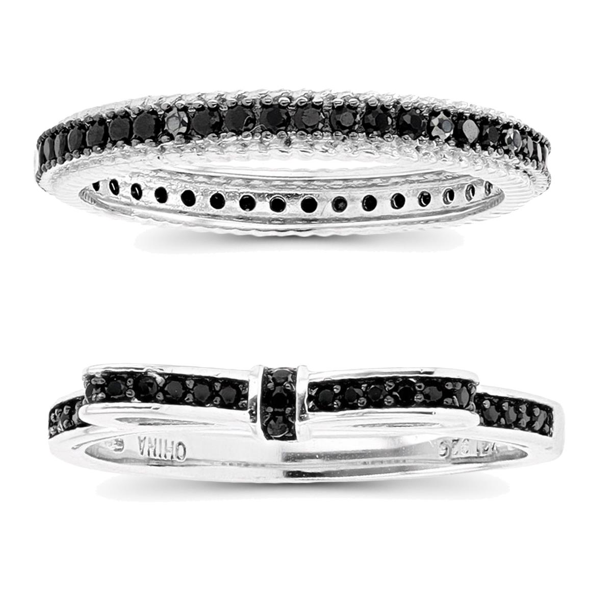 Sterling Silver Black & Rhodium Black Spinel Groove Thin Eternity & Bow Ring Set