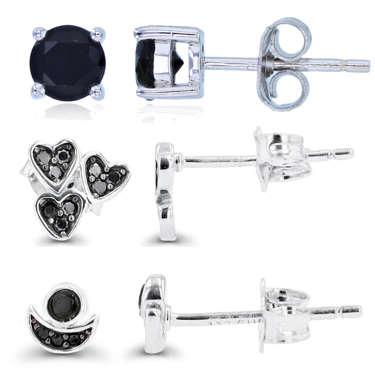 Sterling Silver Rhodium & Black Triple Heart Black, Circle/Moon & 5mm Black Spinel Earring Set