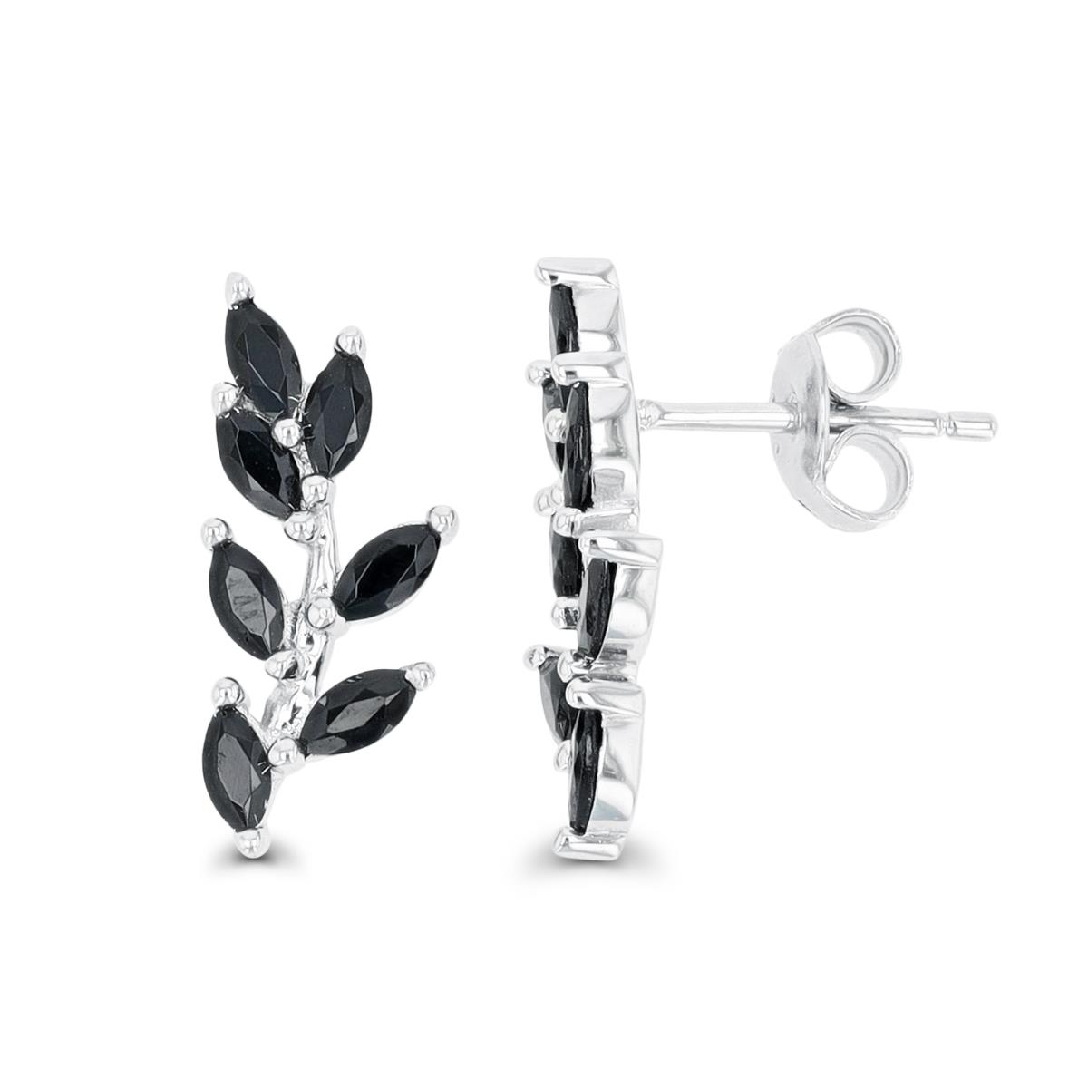 Sterling Silver Rhodium Marquise Black Spinel Branch Stud Earring