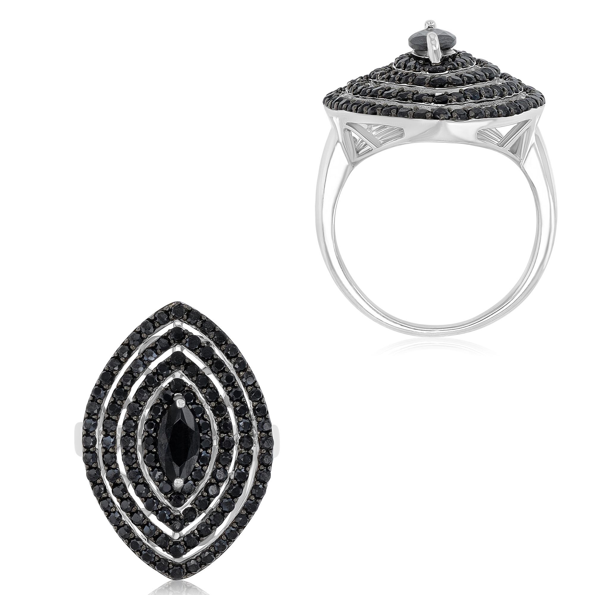 Sterling Silver Black & Rhodium Black Spinel Multi Row Mq Shaped Fashion Ring