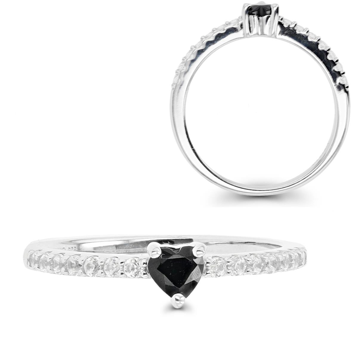 Sterling Silver Rhodium 4mm Heart Black Spinel & White Zircon Fashion Ring