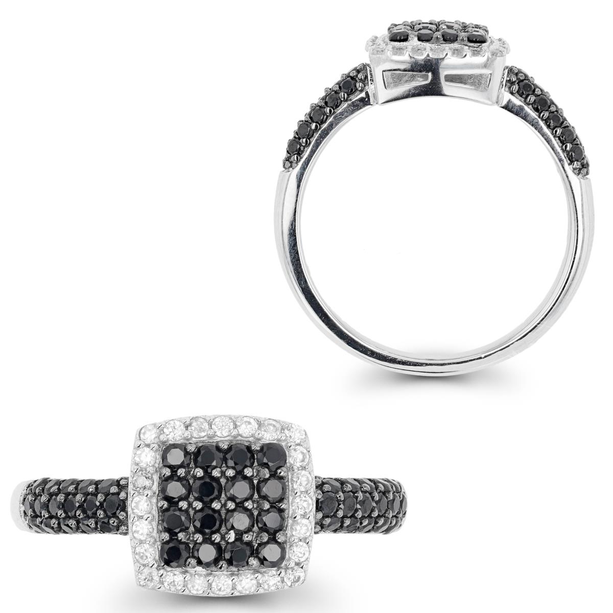 Sterling Silver Black & Rhodium White Zircon/ Black Spinel Paved Square Fashion Ring