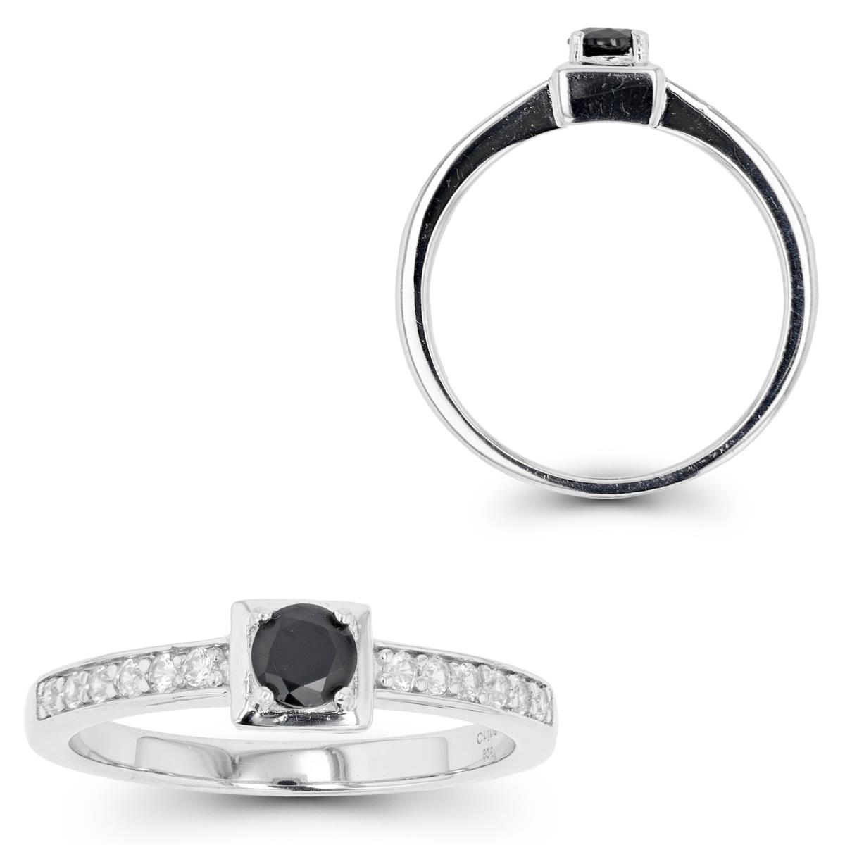 Sterling Silver Rhodium 4mm Rd Black Spinel / White Zircon Sides Fashion Ring
