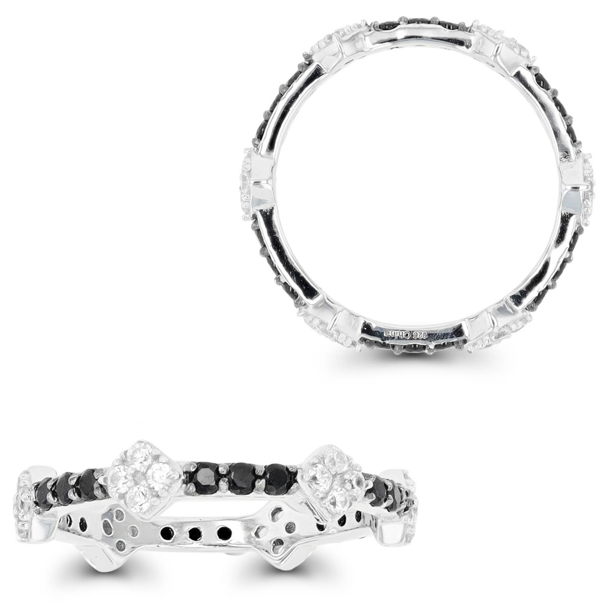 Sterling Silver Rhodium White Zircon Clusters & Black Spinel Eternity Ring
