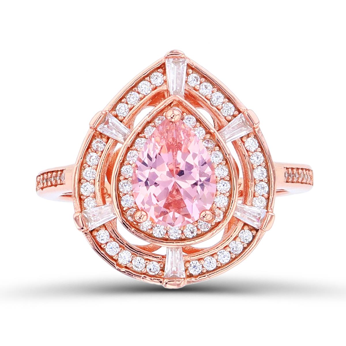 Sterling Silver+1Micron Rose Gold 8x6mm PS Nano Morganite Center & Rnd / TB White CZ Double Halo PS-Ring