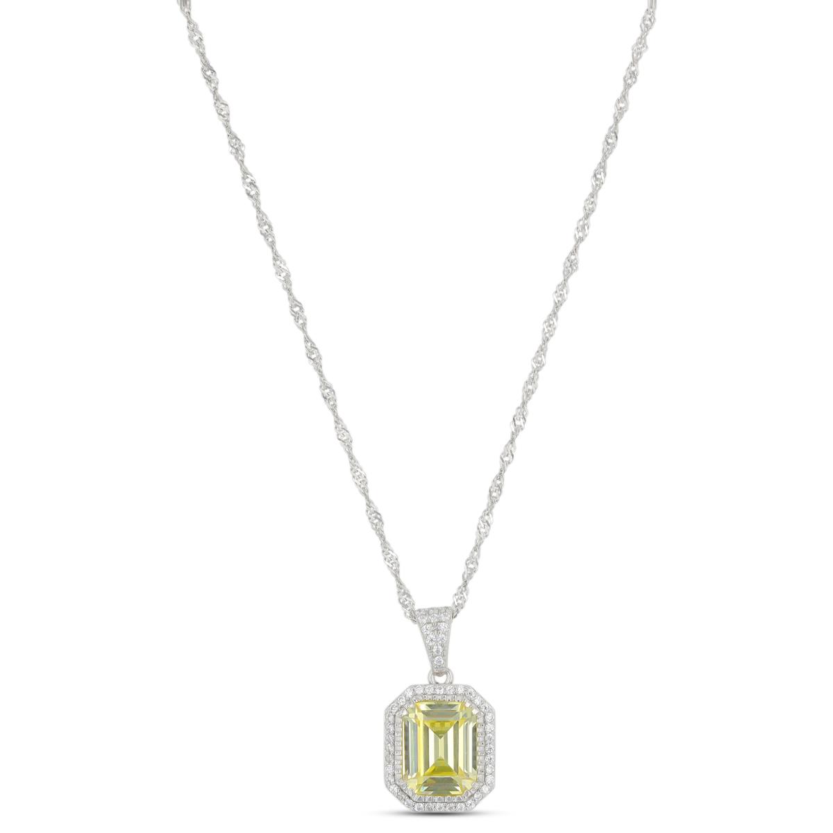 Sterling Silver Rhodium 10x8mm EM Canary Yellow & Rd White CZ Halo 18"+2" Singapore Necklace