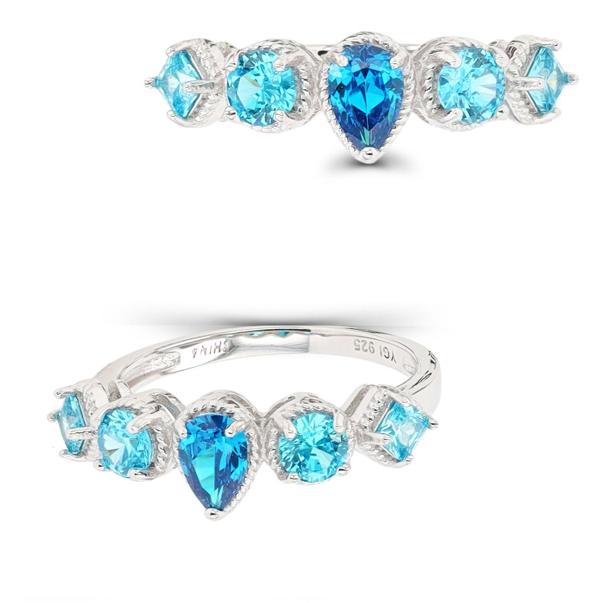 Sterling Silver Rhodium Multi Cut Light & Medium Blue CZ Milgrain Fashion Ring
