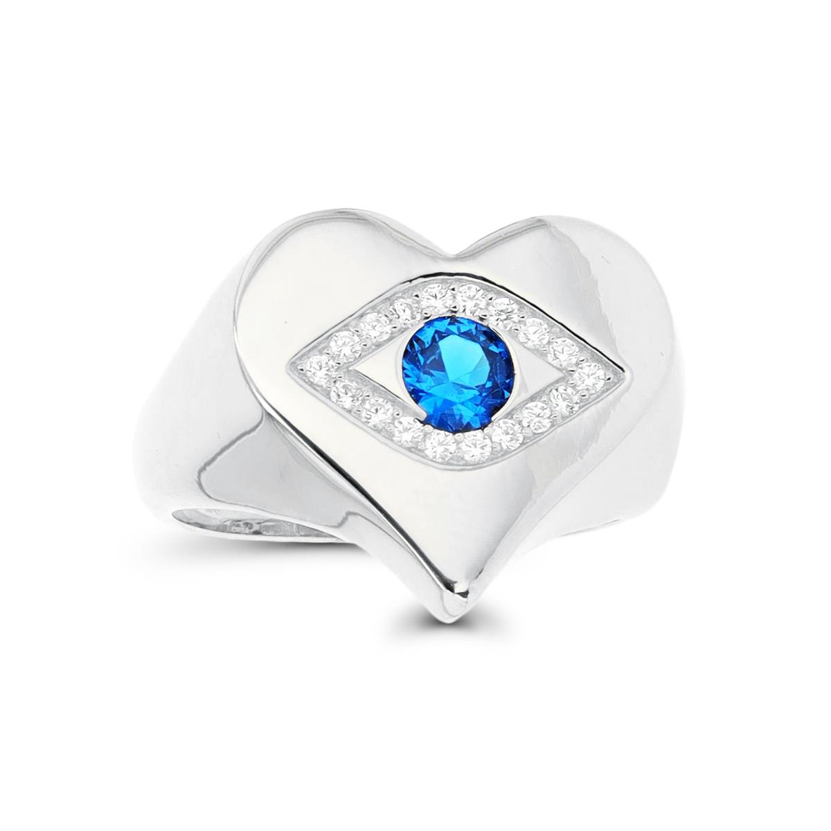 Sterling Silver Rhodium #113 Blue & White CZ Evil Eye 16mm Polished Heart Ring