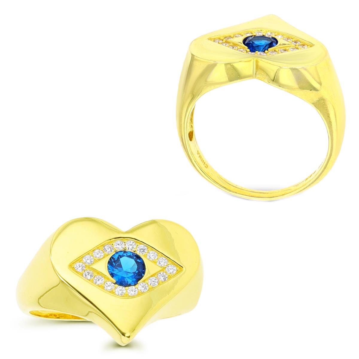 Sterling Silver Yellow #113 Blue & White CZ Evil Eye 16mm Polished Heart Ring