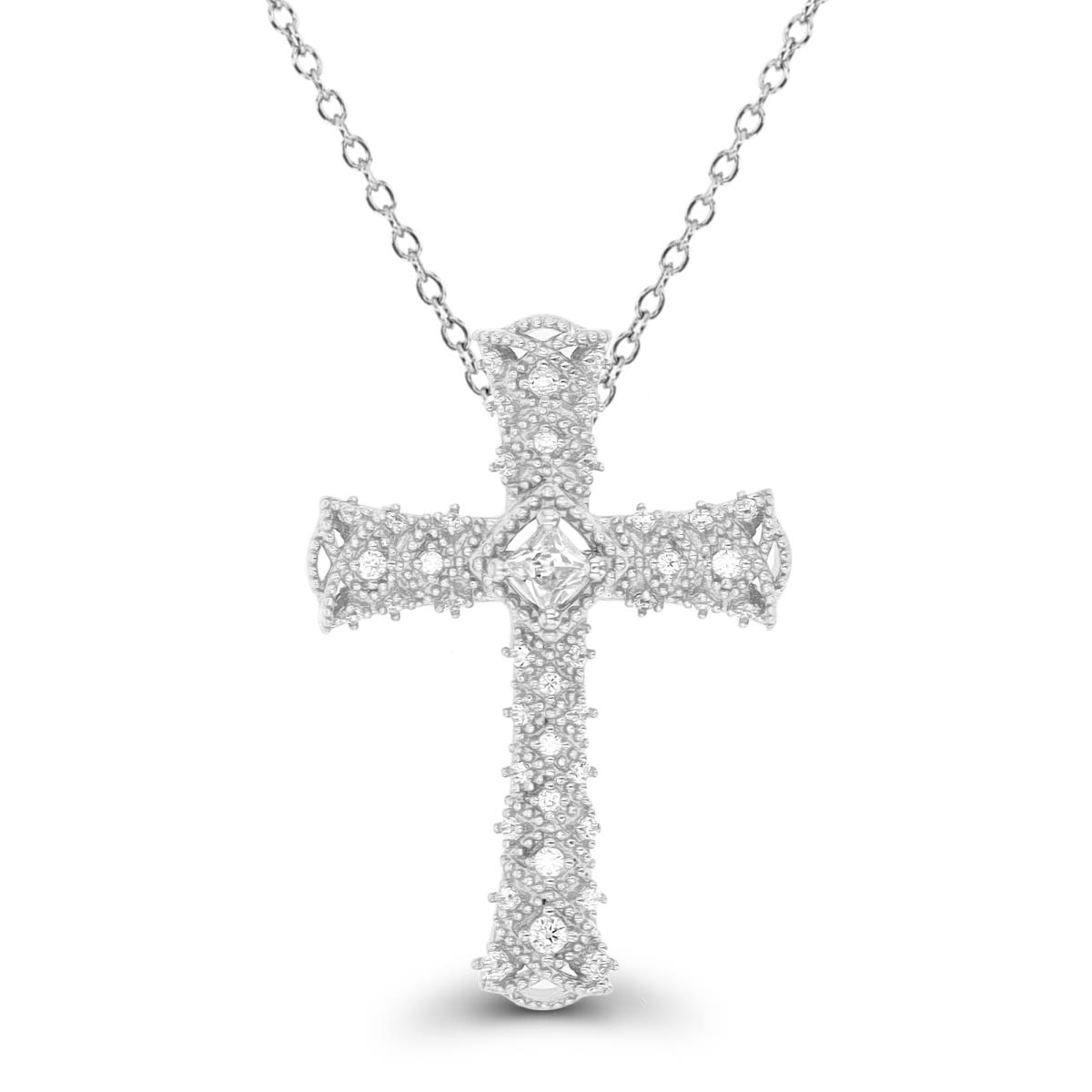 Sterling Silver Rhodium CZ Milgrain Cross 18" Necklace