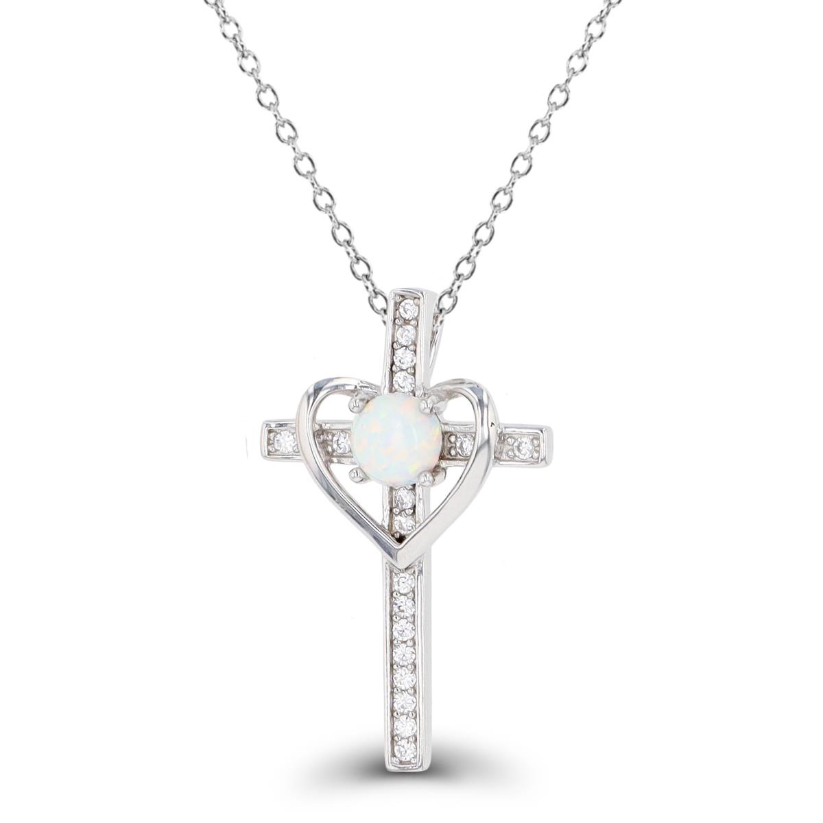 Sterling Silver Rhodium Cr. White Opal & CZ Cross 18" Necklace