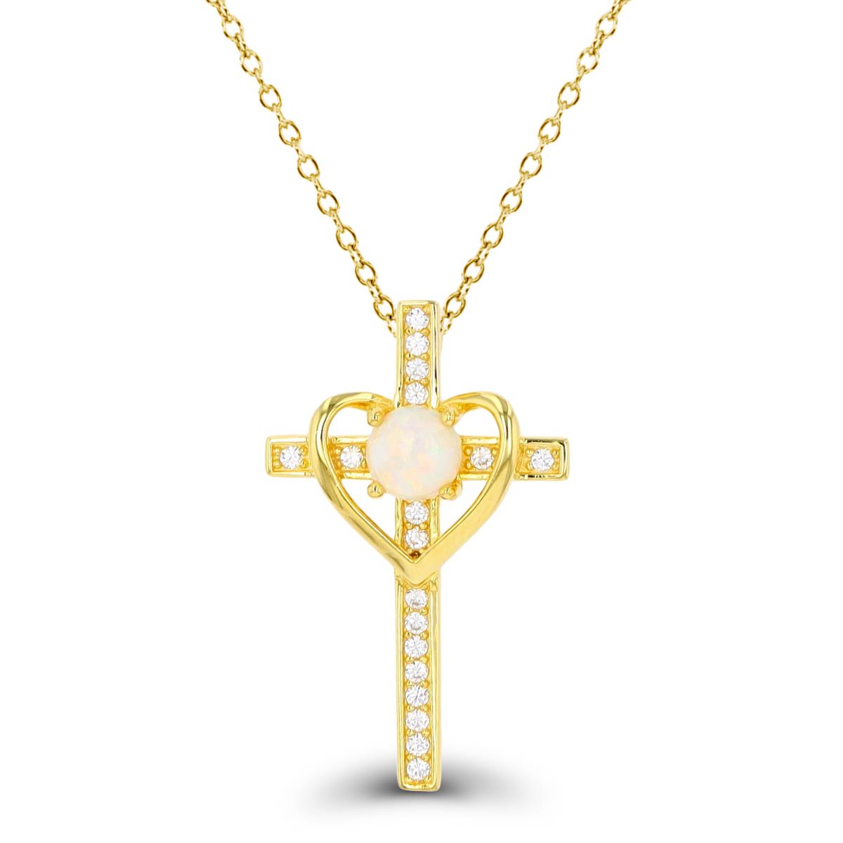 Sterling Silver Yellow 1-Micron Cr. White Opal & CZ Cross 18" Necklace