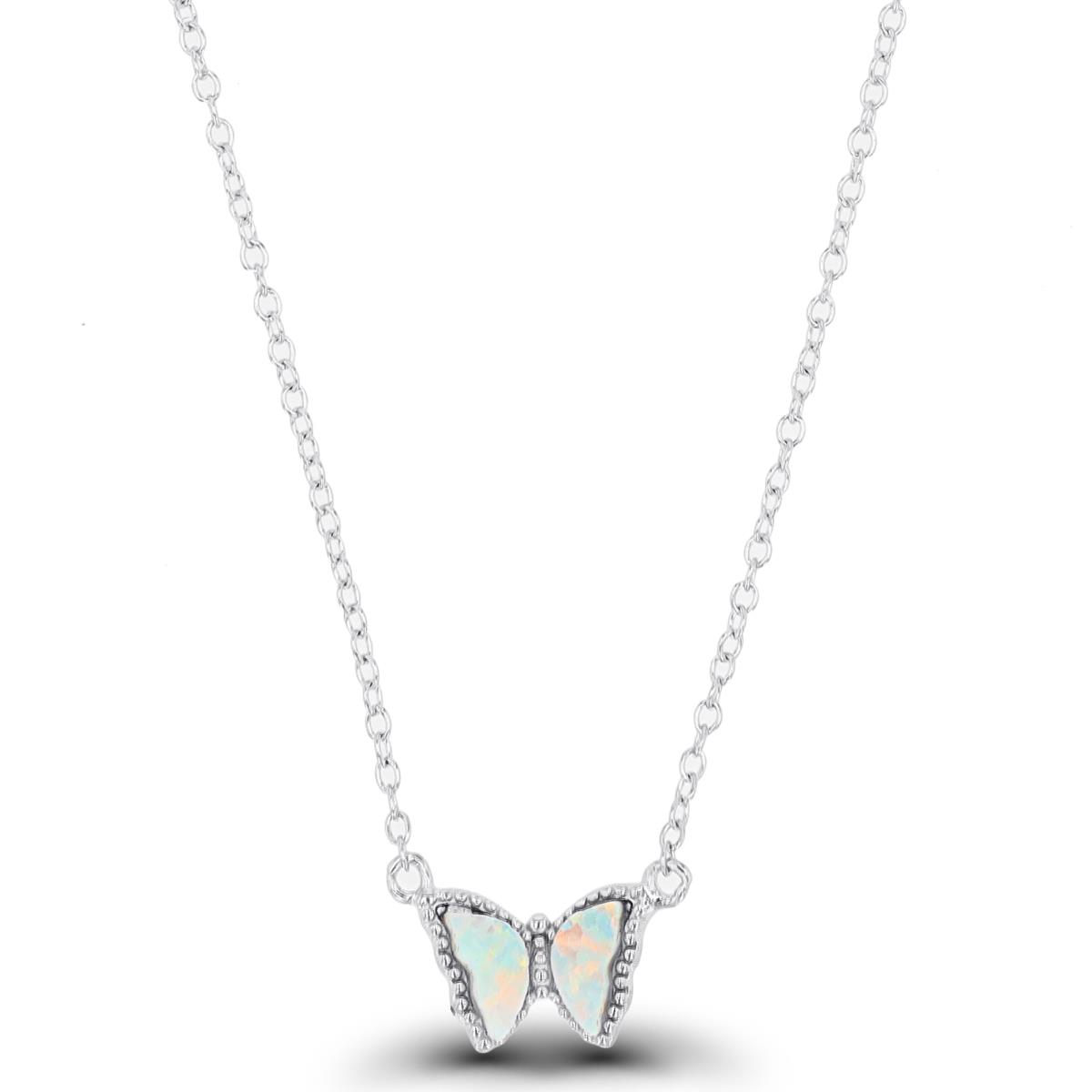 Sterling Silver Rhodium Cr. Opal Milgrain Butterfly 13"+2" Necklace
