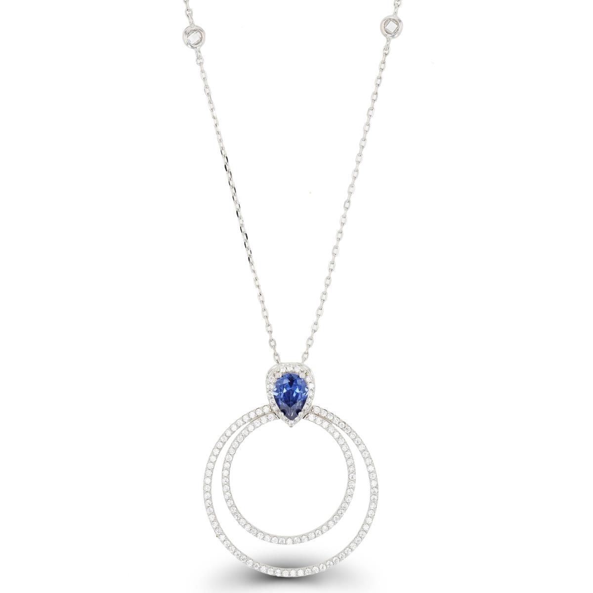 Sterling Silver Rhodium Tanzanite Pear & White Rd CZ Double Circle 18"+2" Necklace