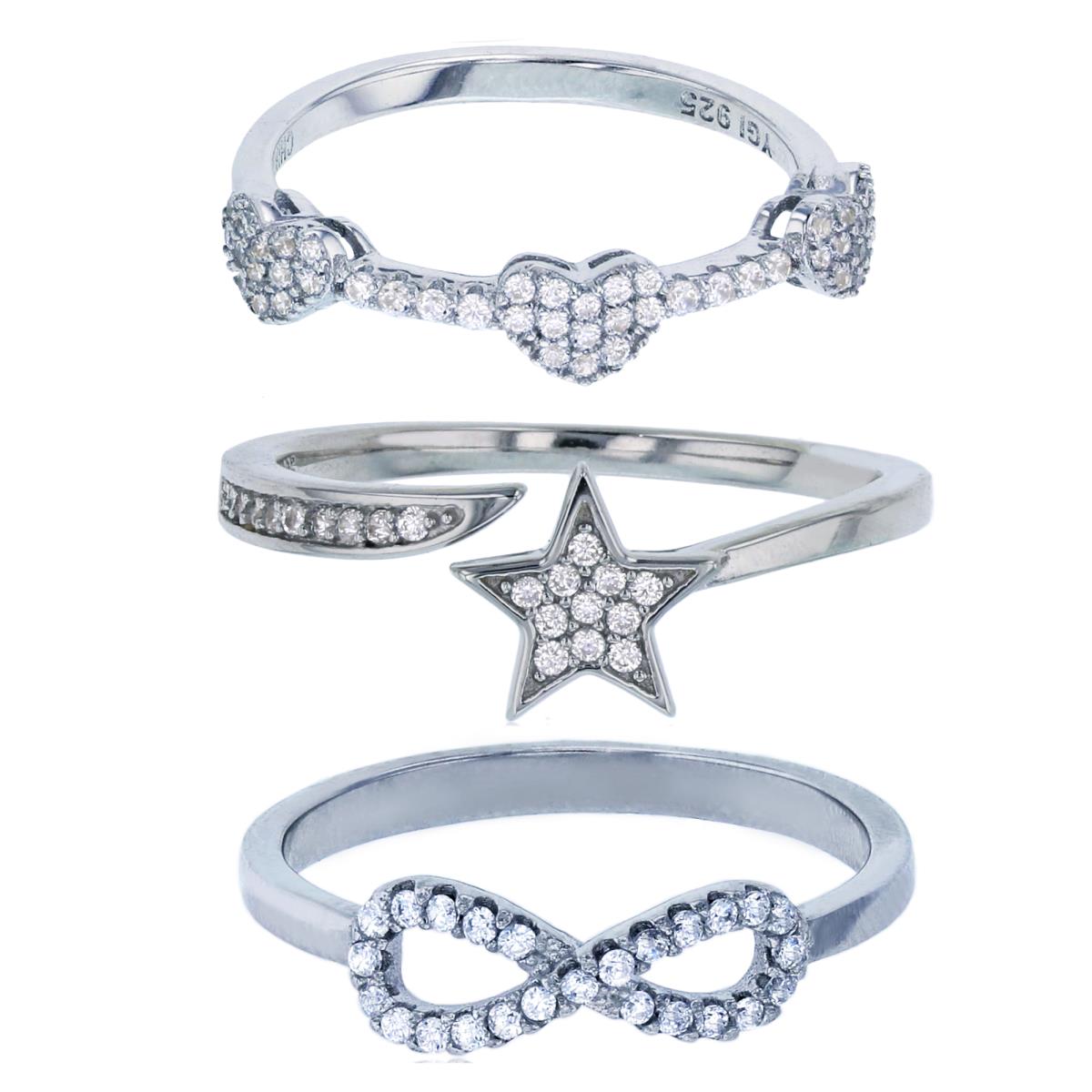Sterling Silver Rhodium Pave Star, Triple Heart & Infinity Ring Set
