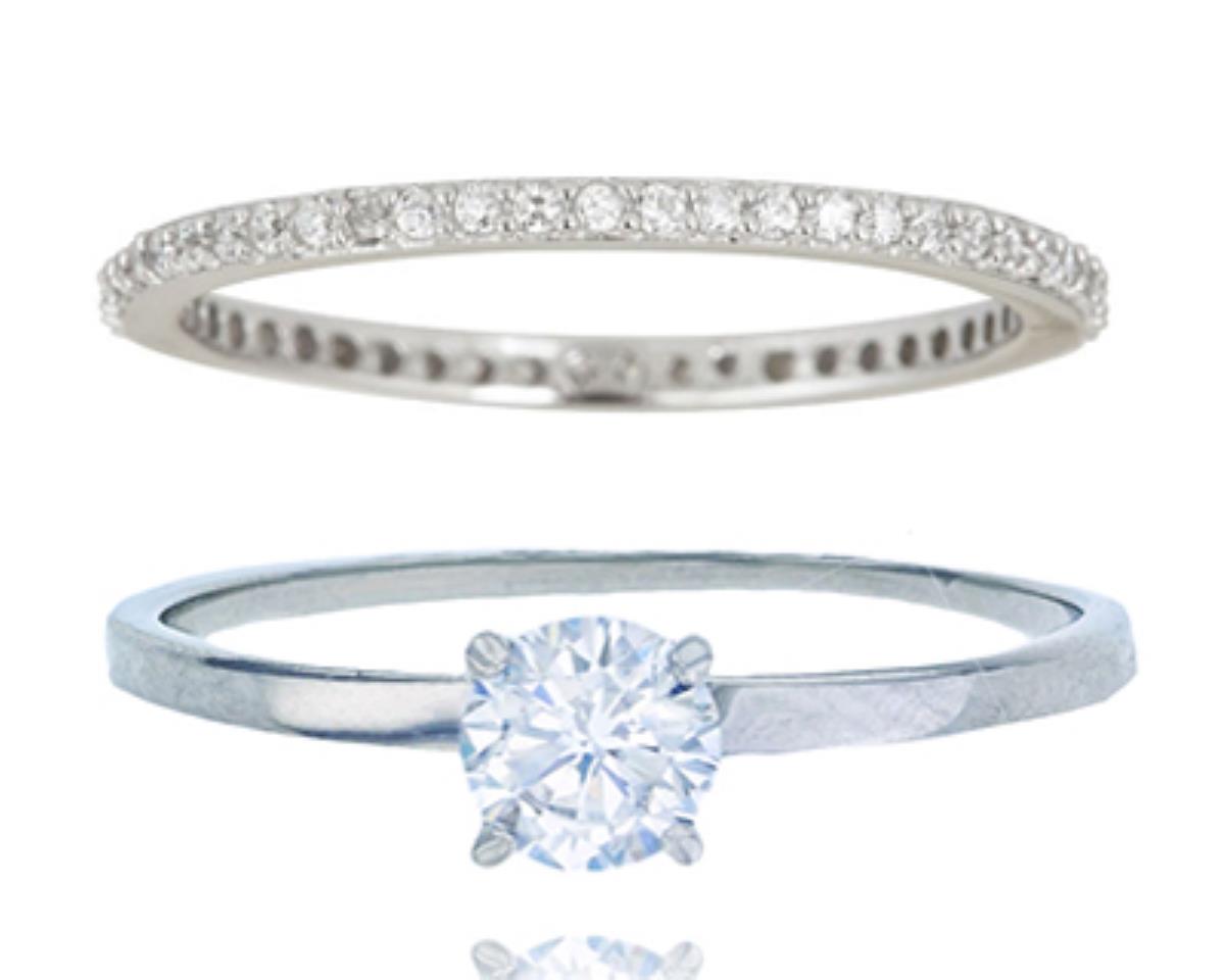 Sterling Silver Rhodium 5mm Round CZ Solitaire & Double Eternity Ring Set