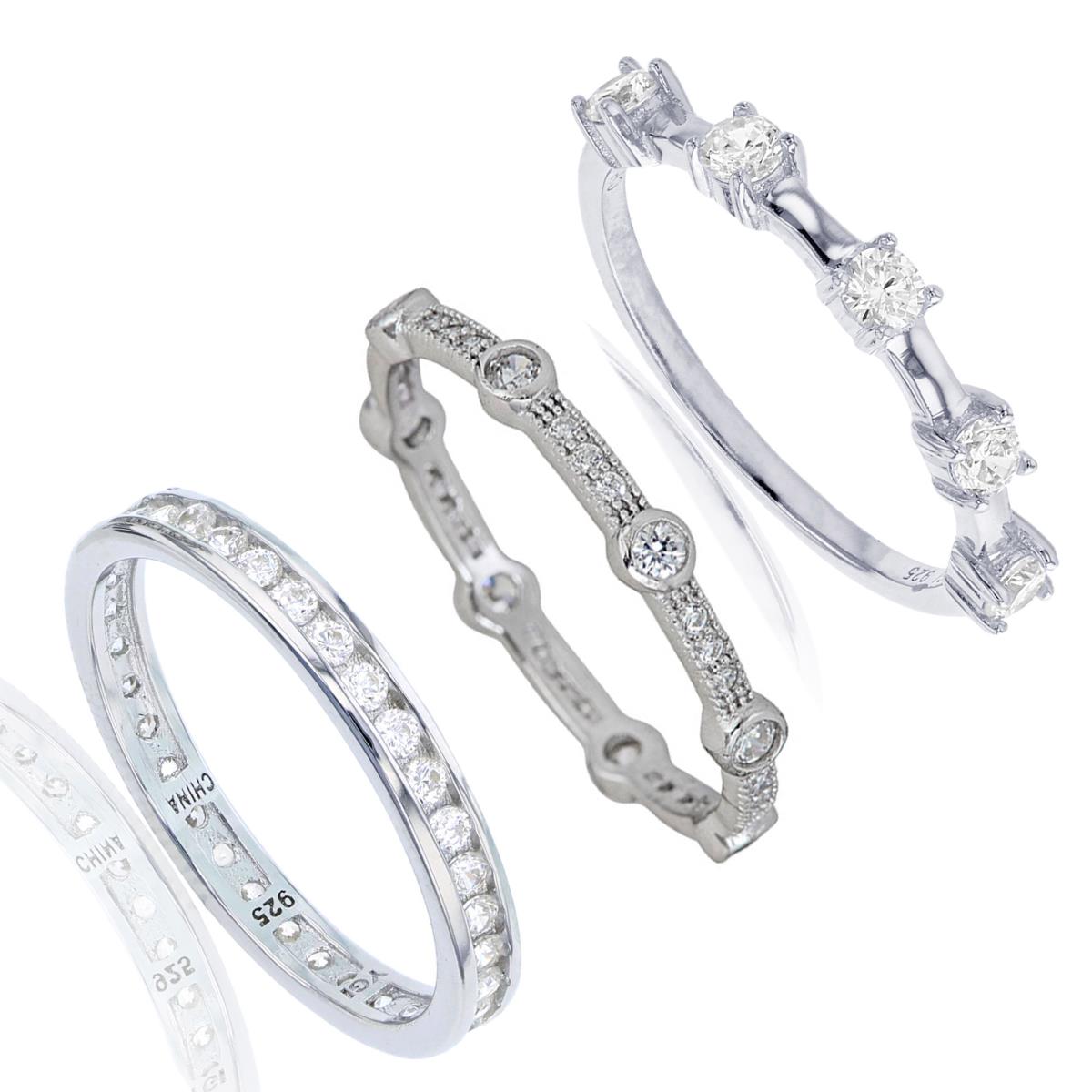 Sterling Silver Rhodium Channel Set, 5-Stone Band & Stackable Eternity Ring Set