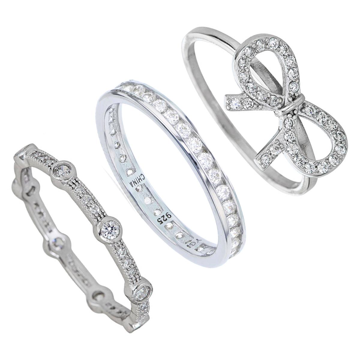 Sterling Silver Pave Ribbon, Stackable Eternity & Channel Set Ring Set