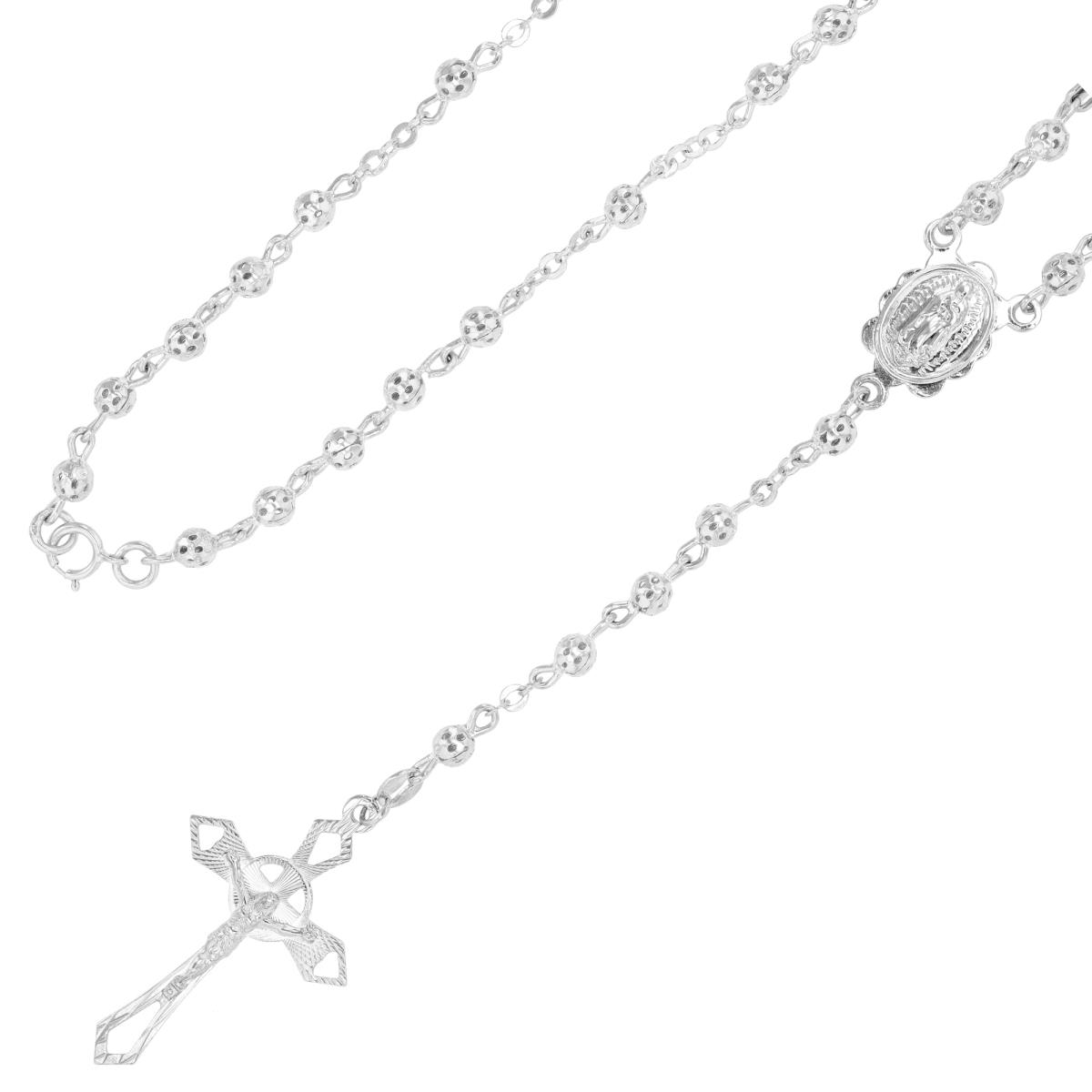 Sterling Silver Rhodium Filigree Beads Polished & DC Rosary 22" Necklace