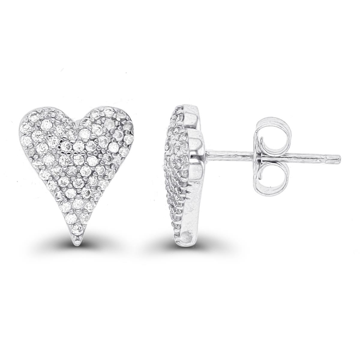 Sterling Silver Rhodium Paved Heart Stud Earring