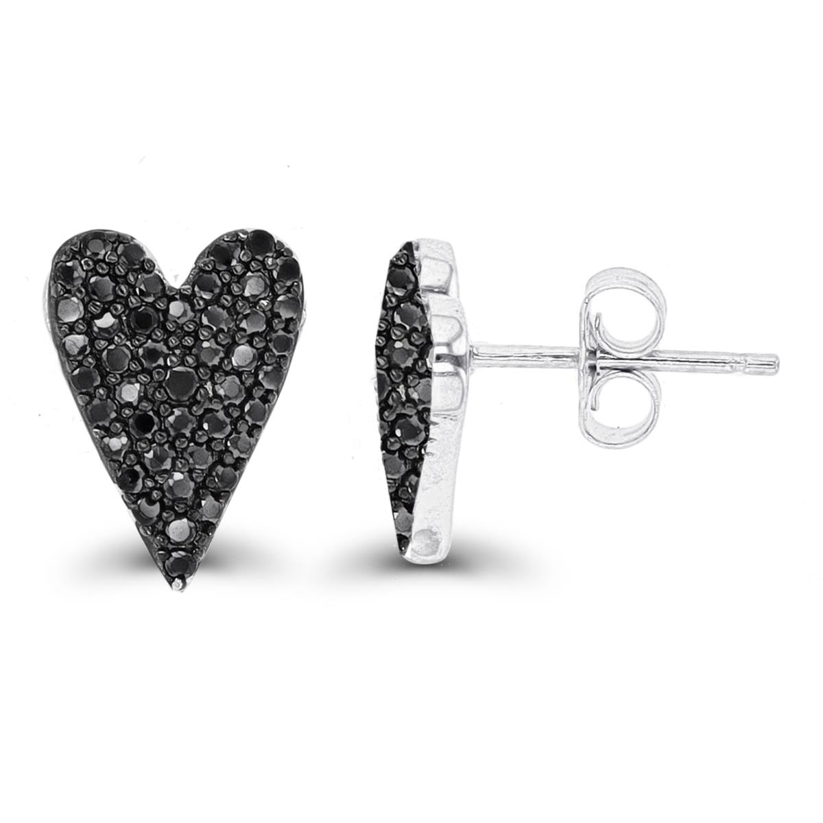 Sterling Silver Rhodium & Black Paved Black Spinel Heart Stud Earring