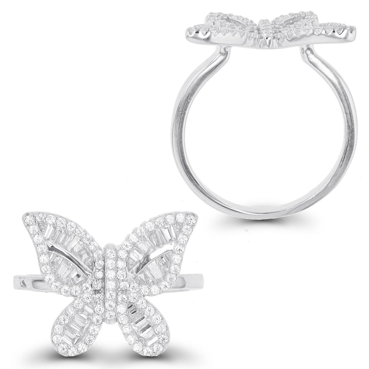 Sterling Silver Rhodium Rd & Bgt CZ Butterfly Fashion 15mm Polished Ring