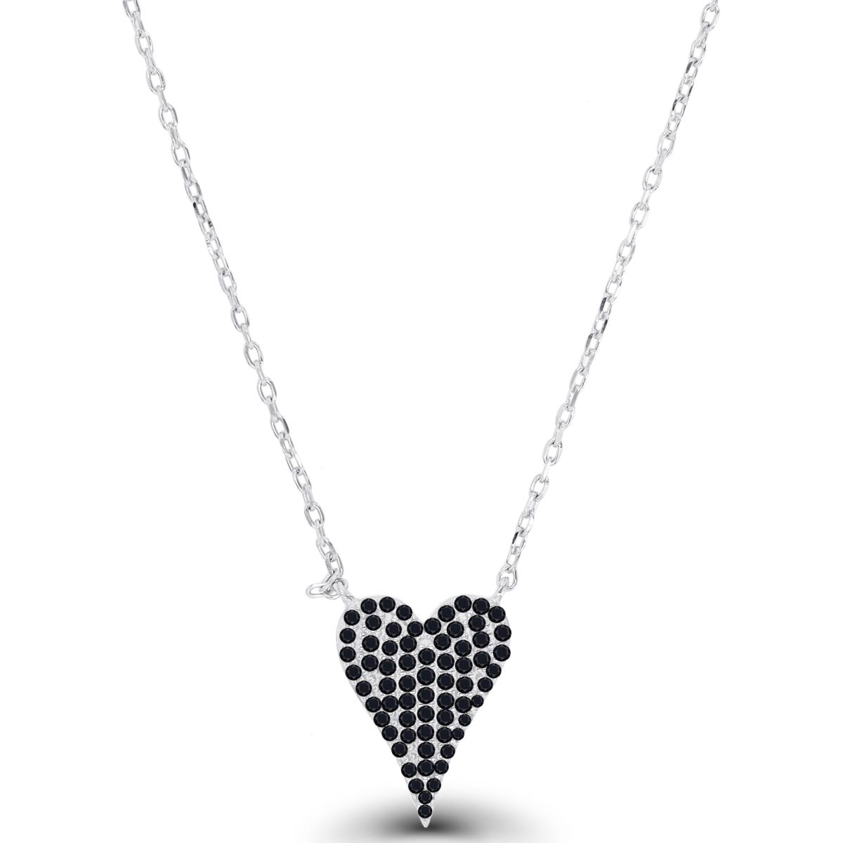 Sterling Silver Rhodium & Black Black Spinel Heart 18"+2" Necklace