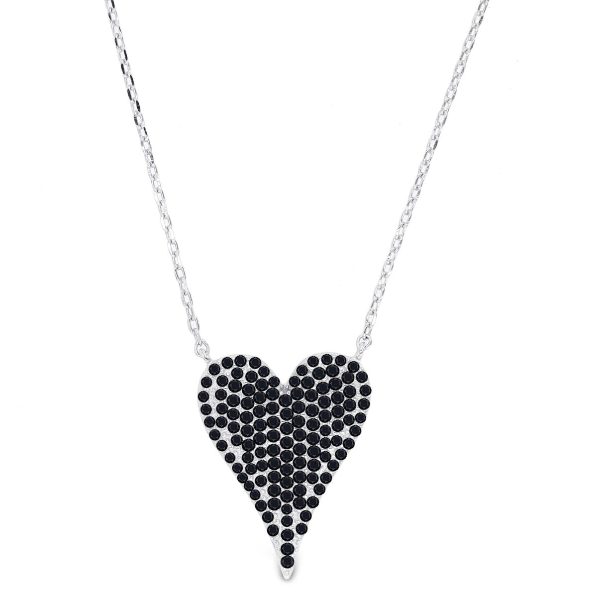 Sterling Silver Black & Rhodium Black Spinel Heart 18"+2" Necklace