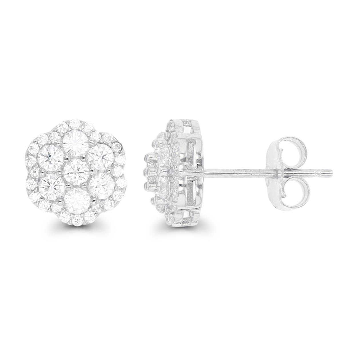 Sterling Silver Rhodium Rd CZ Cluster Stud Earring