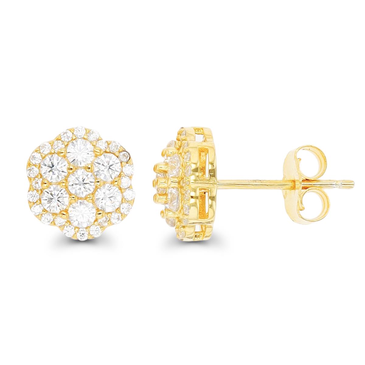Sterling Silver Yellow Rd CZ Cluster Stud Earring