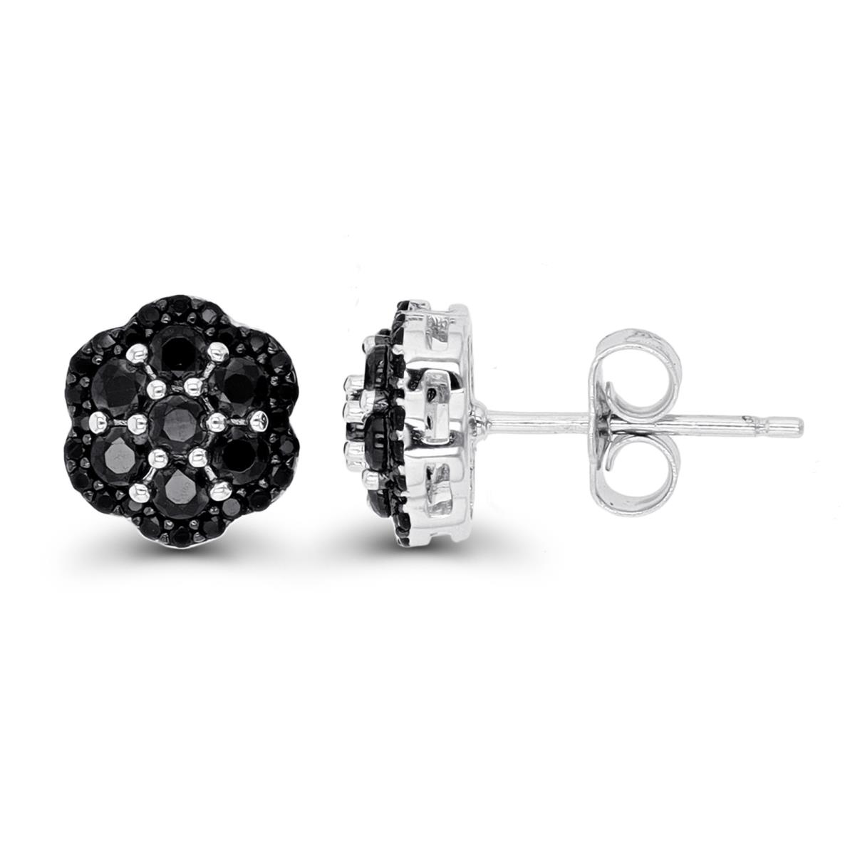 Sterling Silver Rhodium & Black Rd Black Spinel Cluster Stud Earring