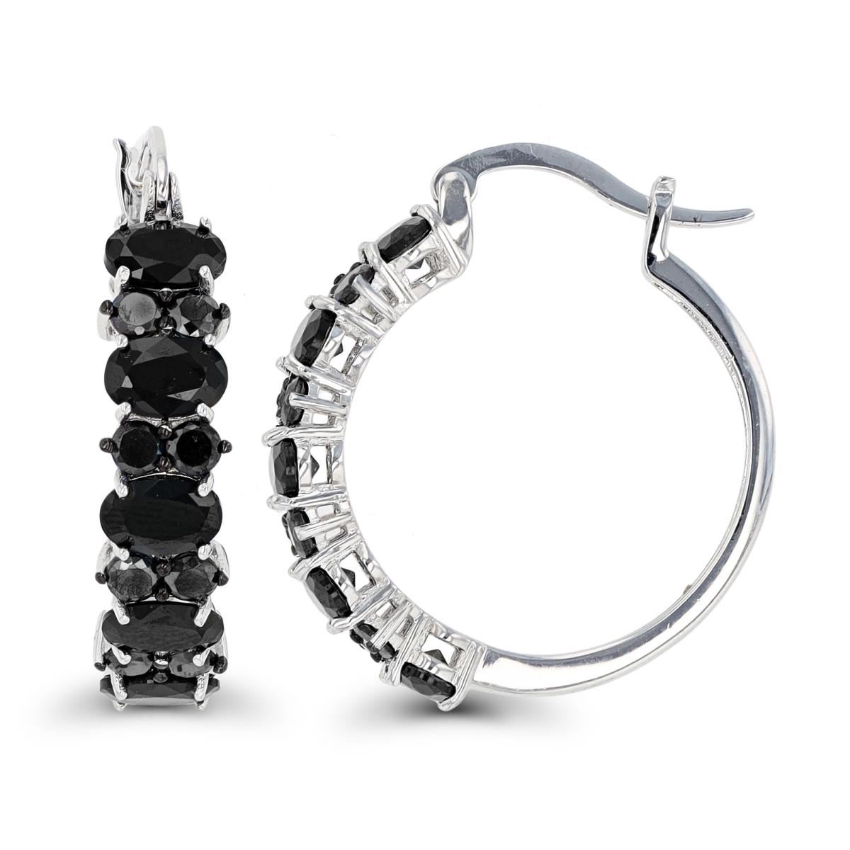 Sterling Silver Rhodium & Black Alternating Oval & Rd Black Spinel Hoop Earring
