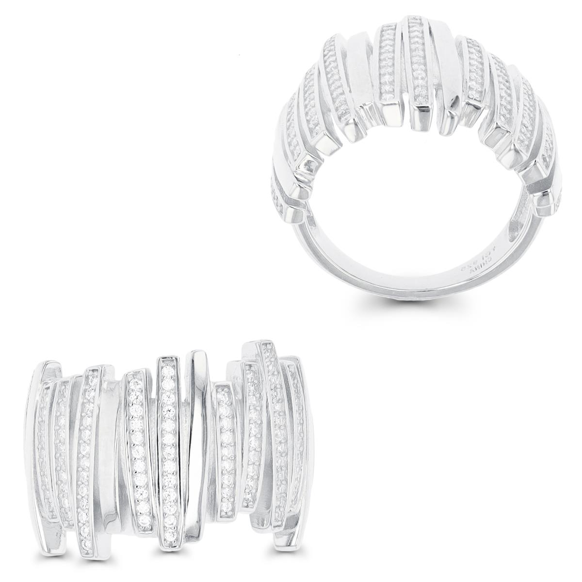 Sterling Silver Rhodium Polished & Paved CZ Multi Lines Fashion Ring