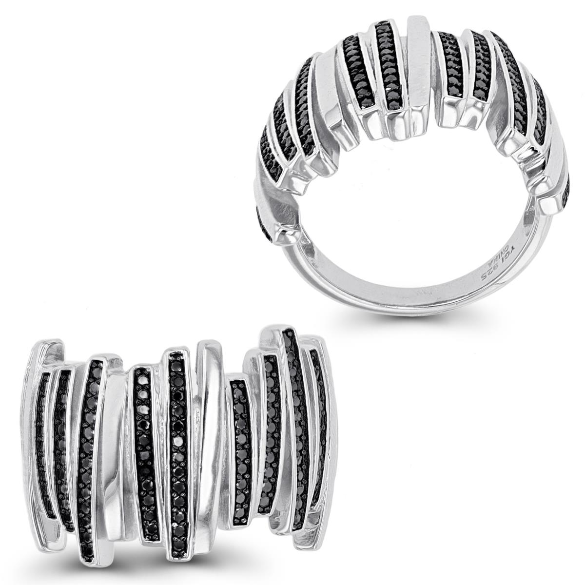 Sterling Silver Rhodium & Black Polished & Paved Black Spinel Multi Lines Fashion Ring