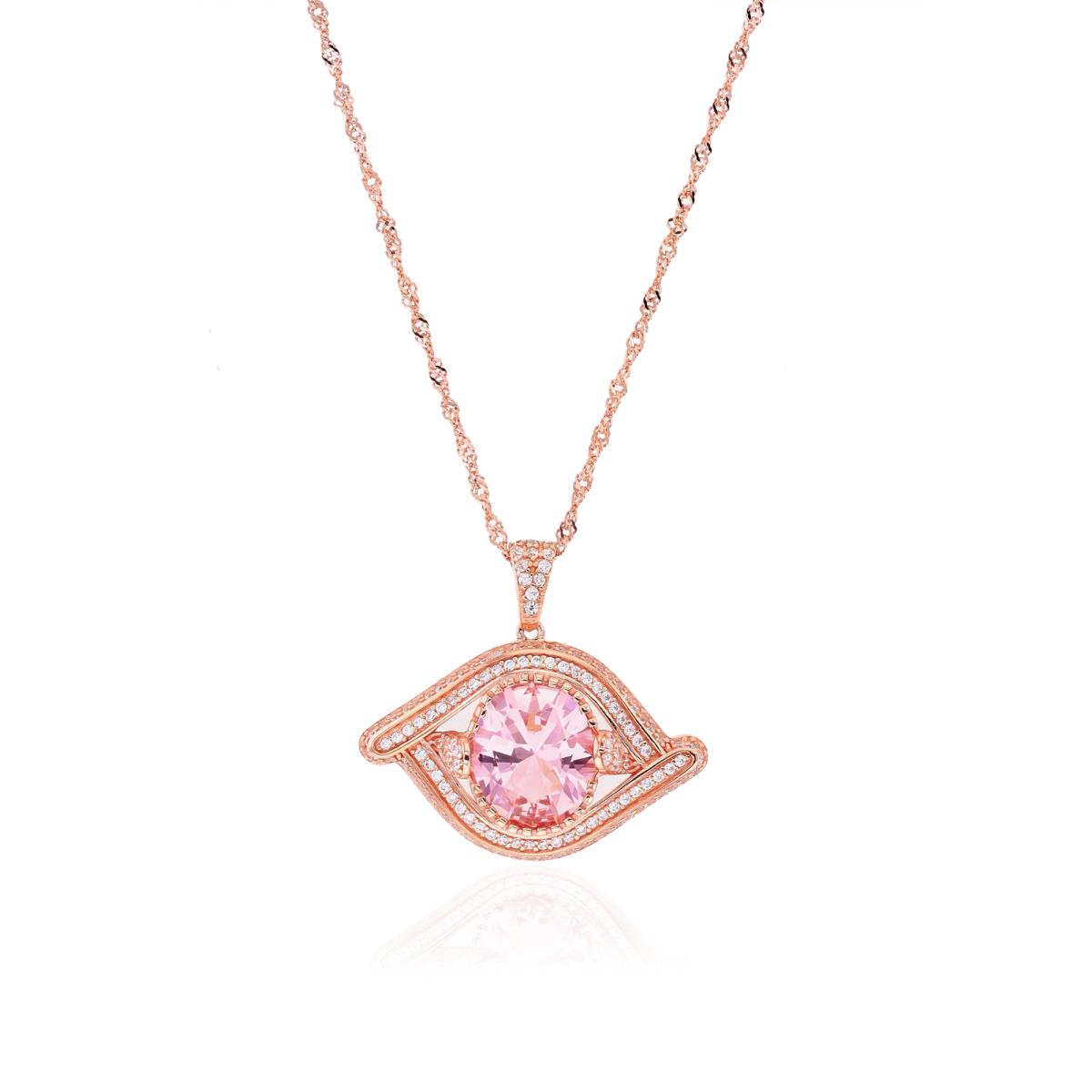 Sterling Silver Rose 1-Micron 12x10mm Ov MOrganite & Paved White CZ 18"+2" Singapore Necklace