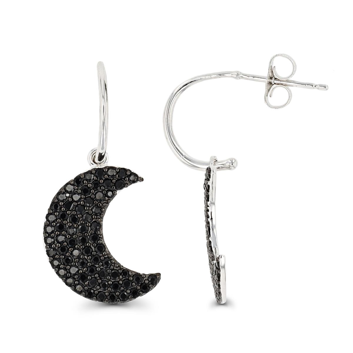 Sterling Silver Rhodium & Black Paved Crescent Moon Black Spinel Dangling Half Hoop Earring