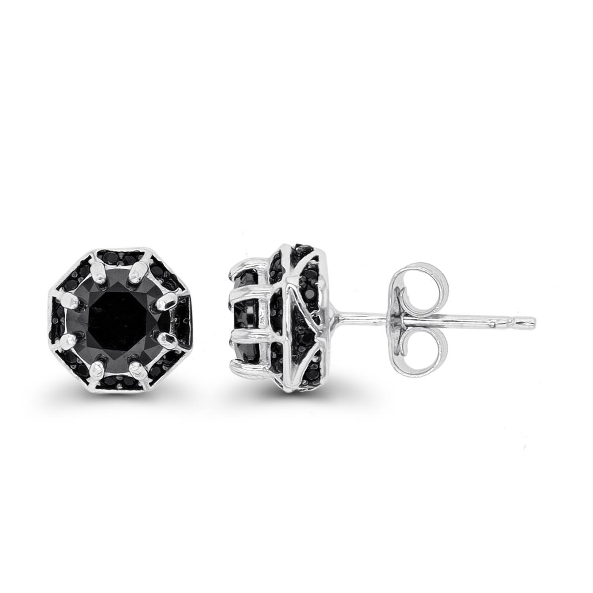 Sterling Silver Rhodium & Black 6mm Rd Black Spinel Octagon Stud Earring
