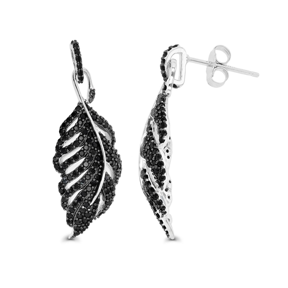 Sterling Silver Rhodium & Black Paved Black Spinel Leaf Dangling Earring