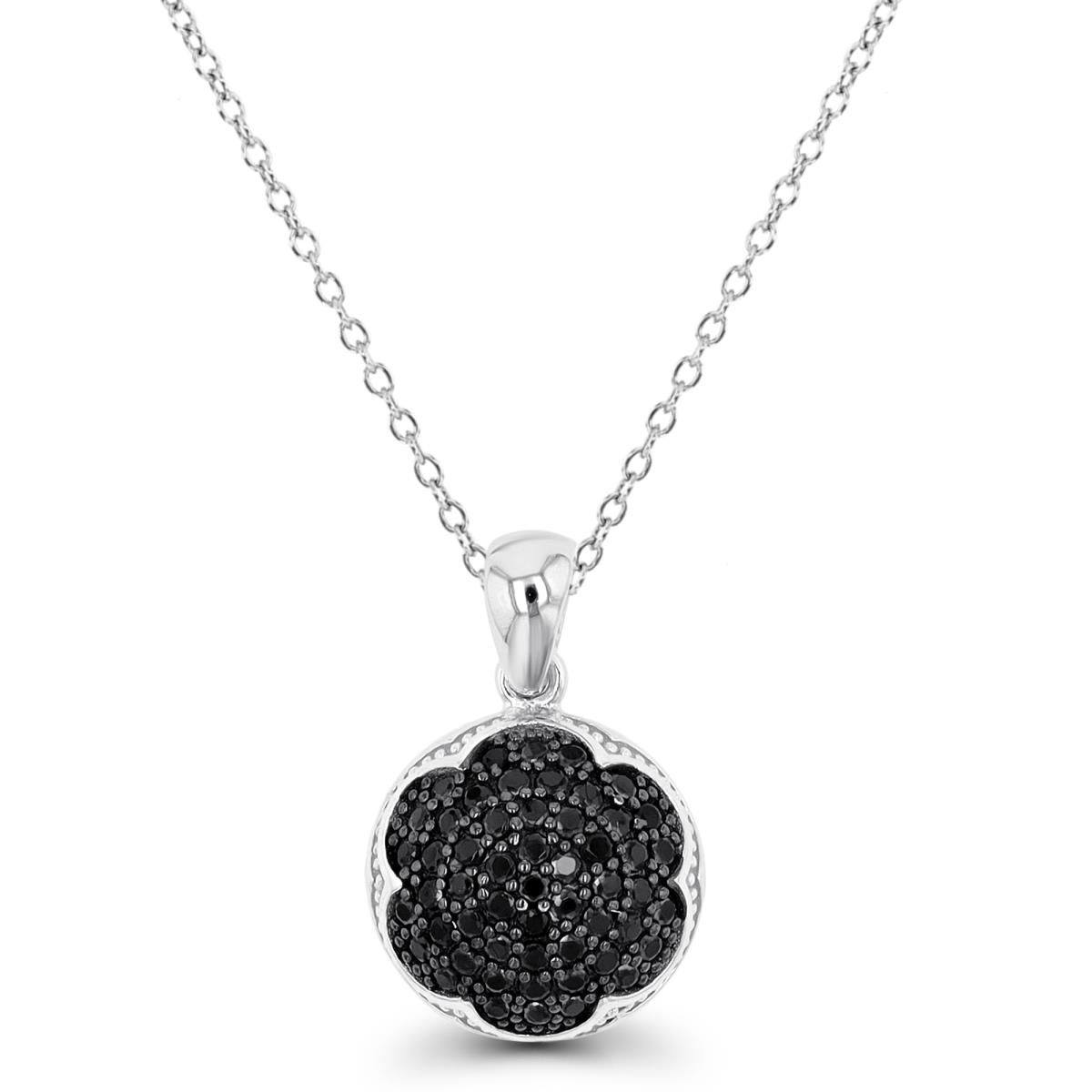 Sterling Silver Rhodium & Black Paved Round Black Spinel Flower 18" Necklace