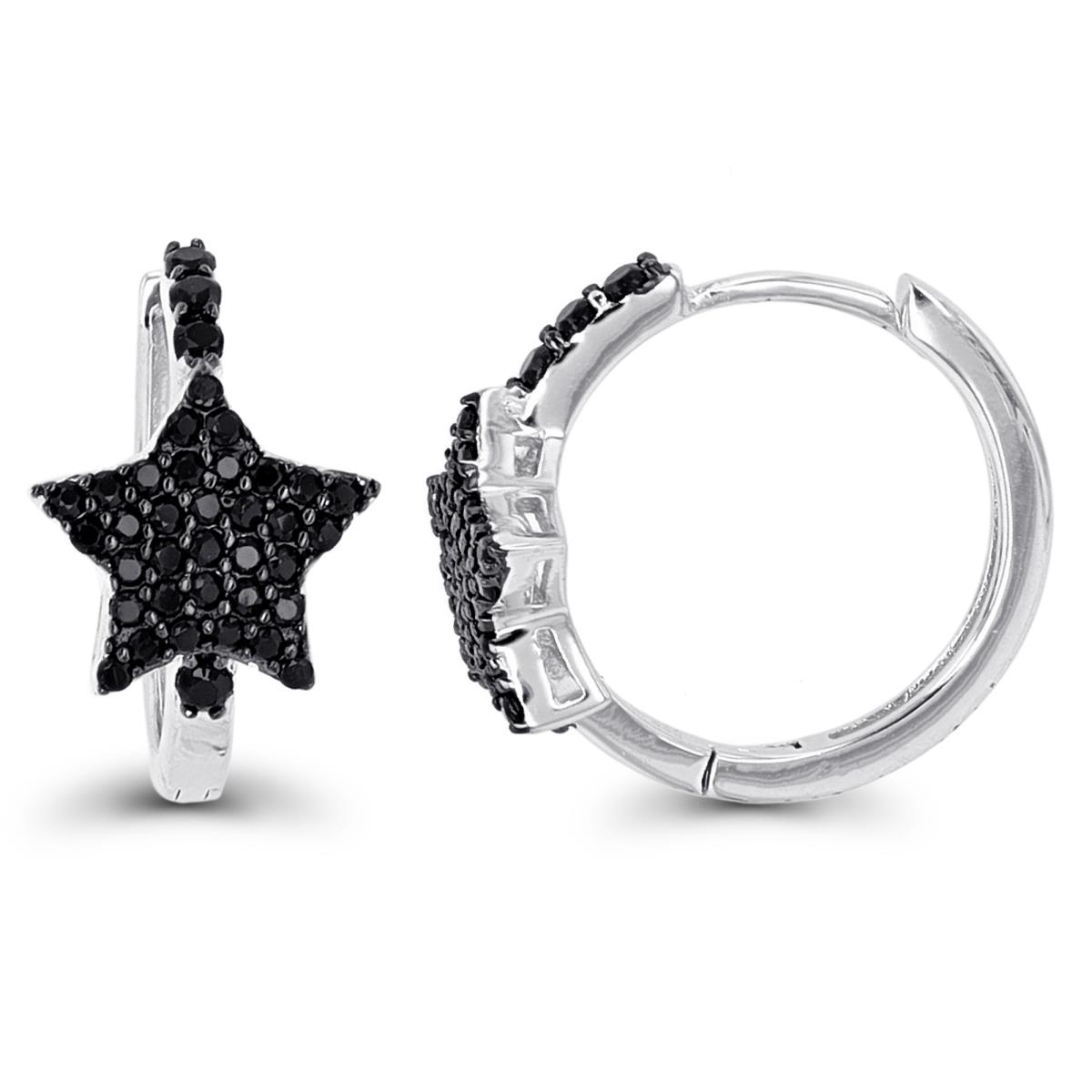 Sterling Silver Rhodium & Black Paved Star Black Spinel Huggie Earring