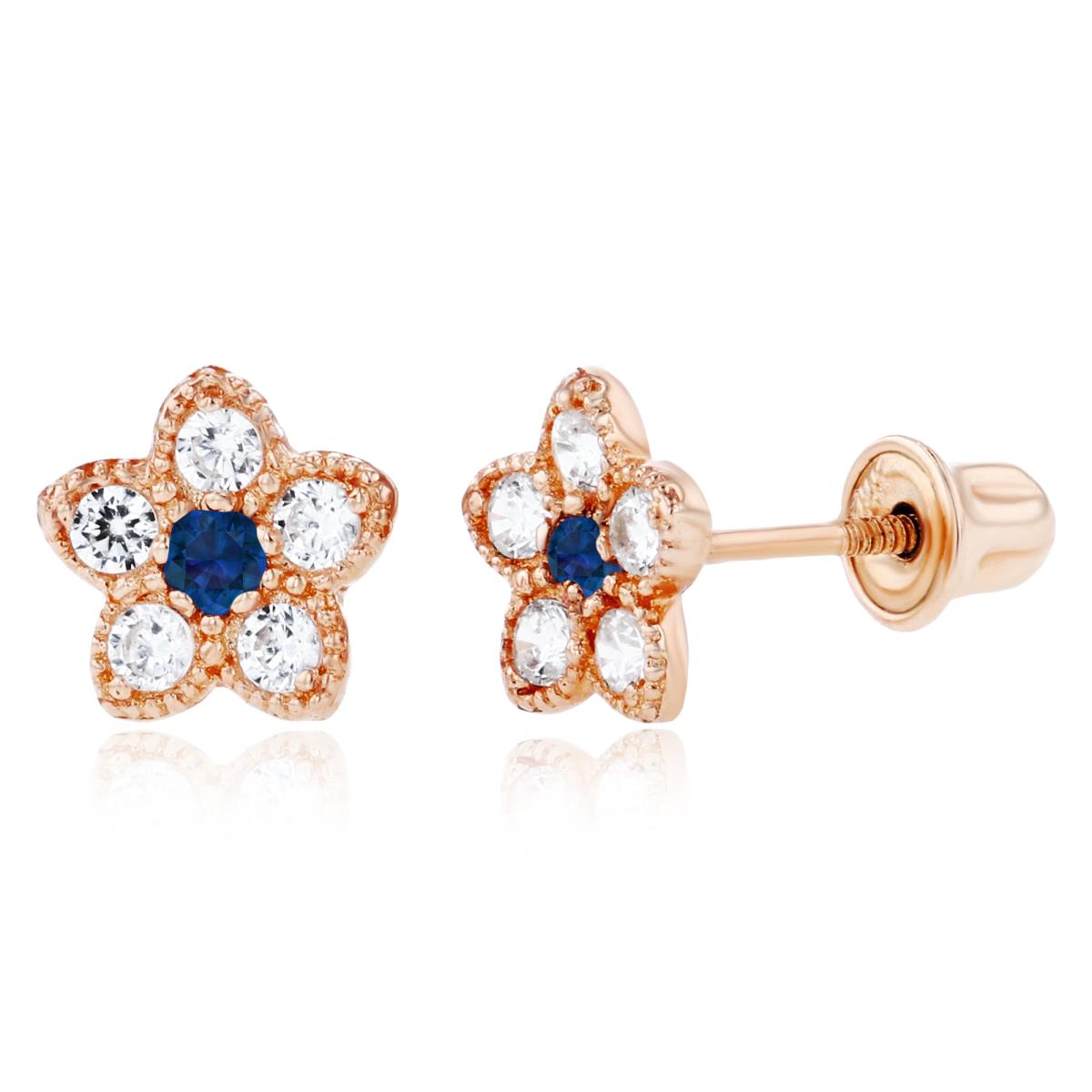 Sterling Silver Rose 1.75mm Created Blue Sapphire & 1.50mm Created White Sapphire Milgrain Flower Screwback Earring