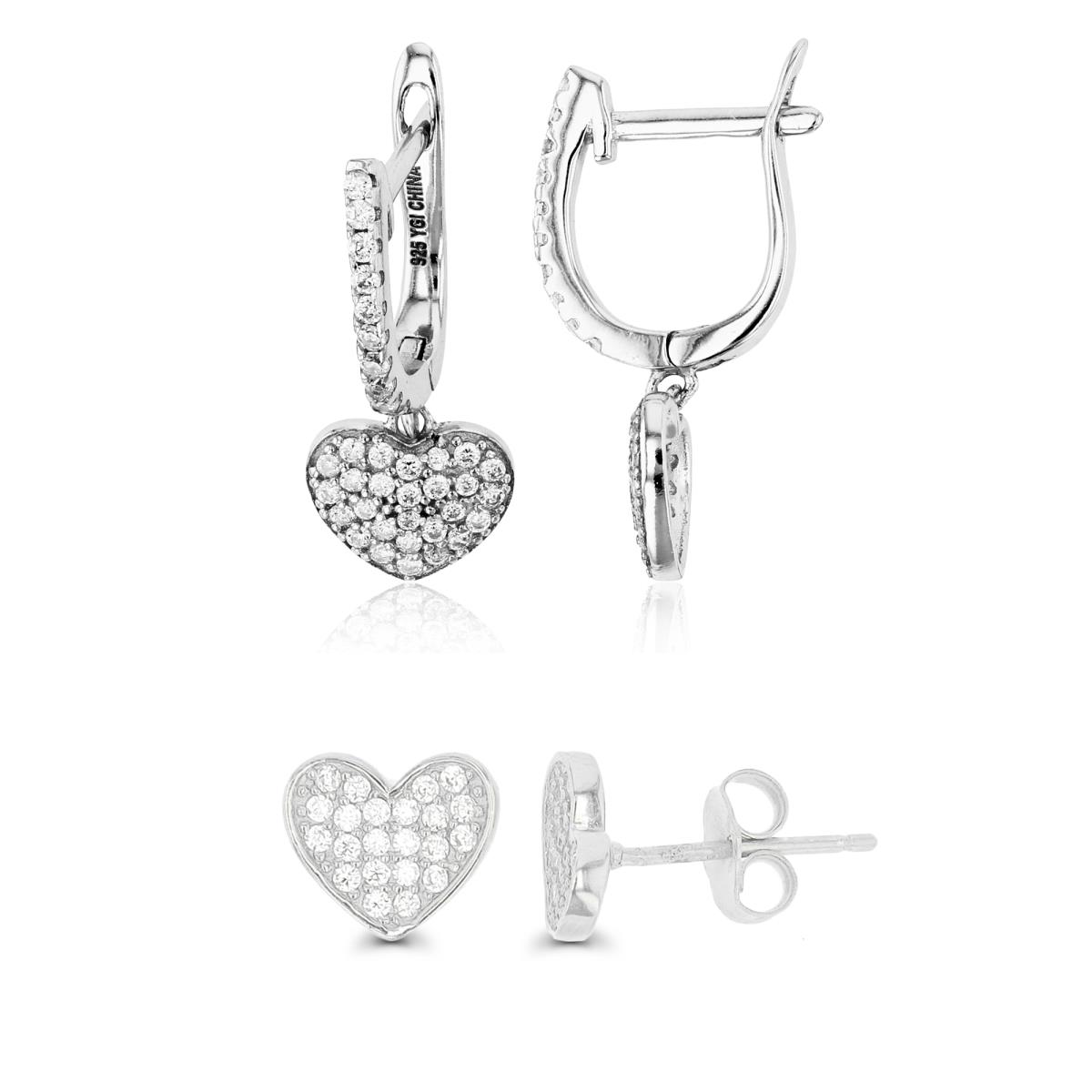 Sterling Silver Rhodium CZ Pave Puffy Heart Huggie & 8mm Heart Stud Earring Set