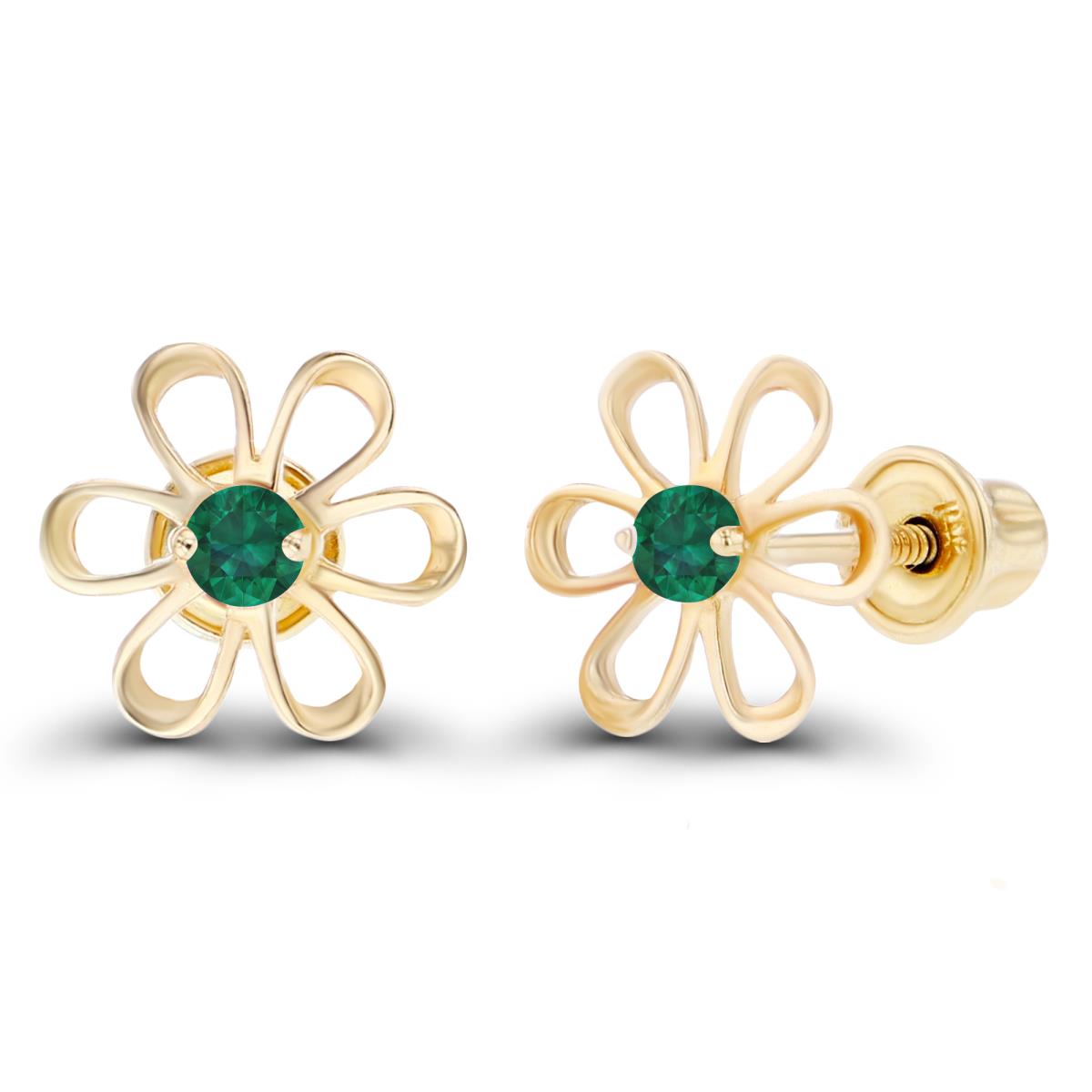 Sterling Silver Yellow 2mm Round Created Emerald Daisy Flower Screwback Earring