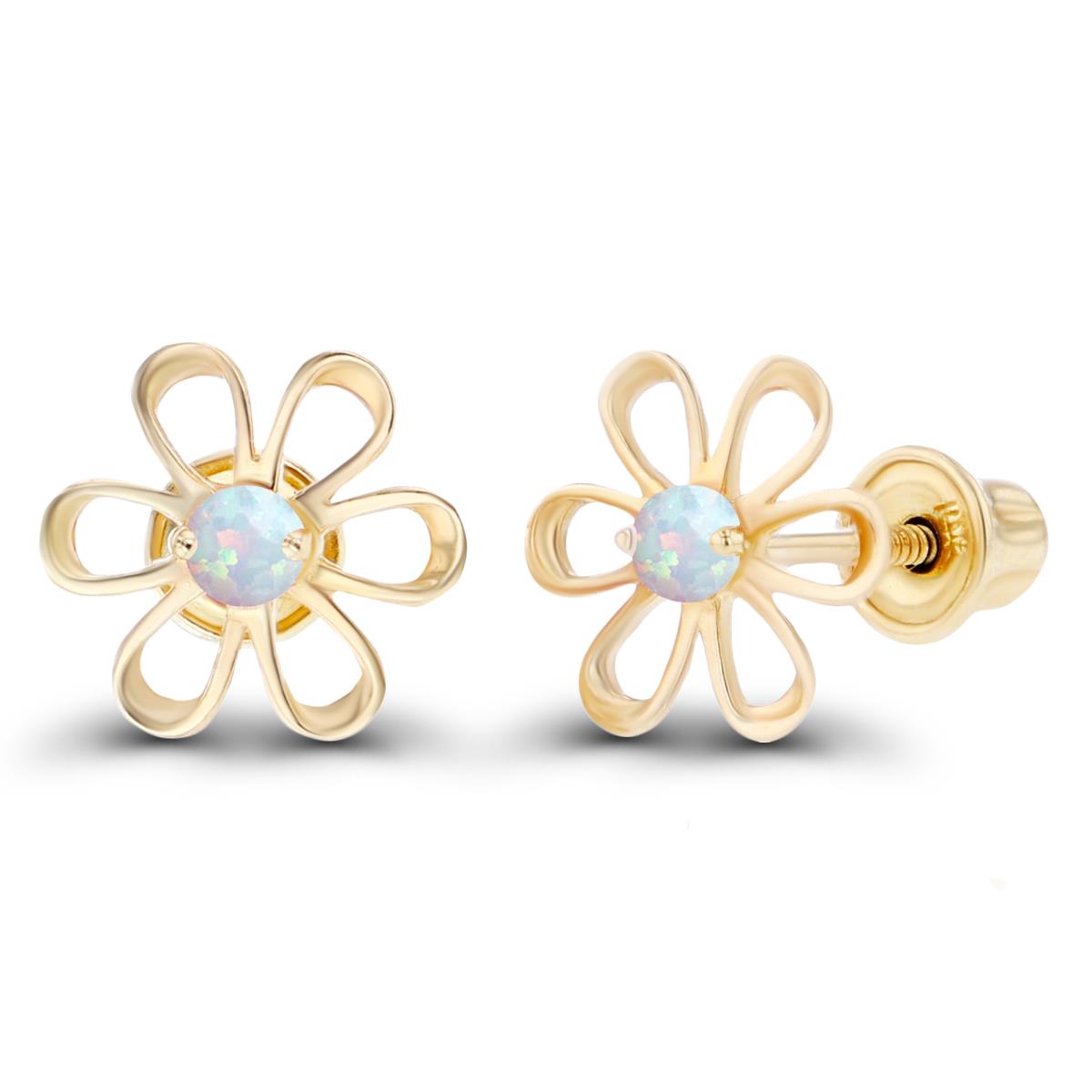 Sterling Silver Yellow 2mm Round Created Opal Daisy Flower Screwback Earring