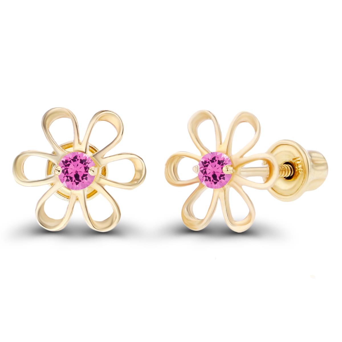 Sterling Silver Yellow 2mm Round Created Pink Sapphire Daisy Flower Screwback Earring