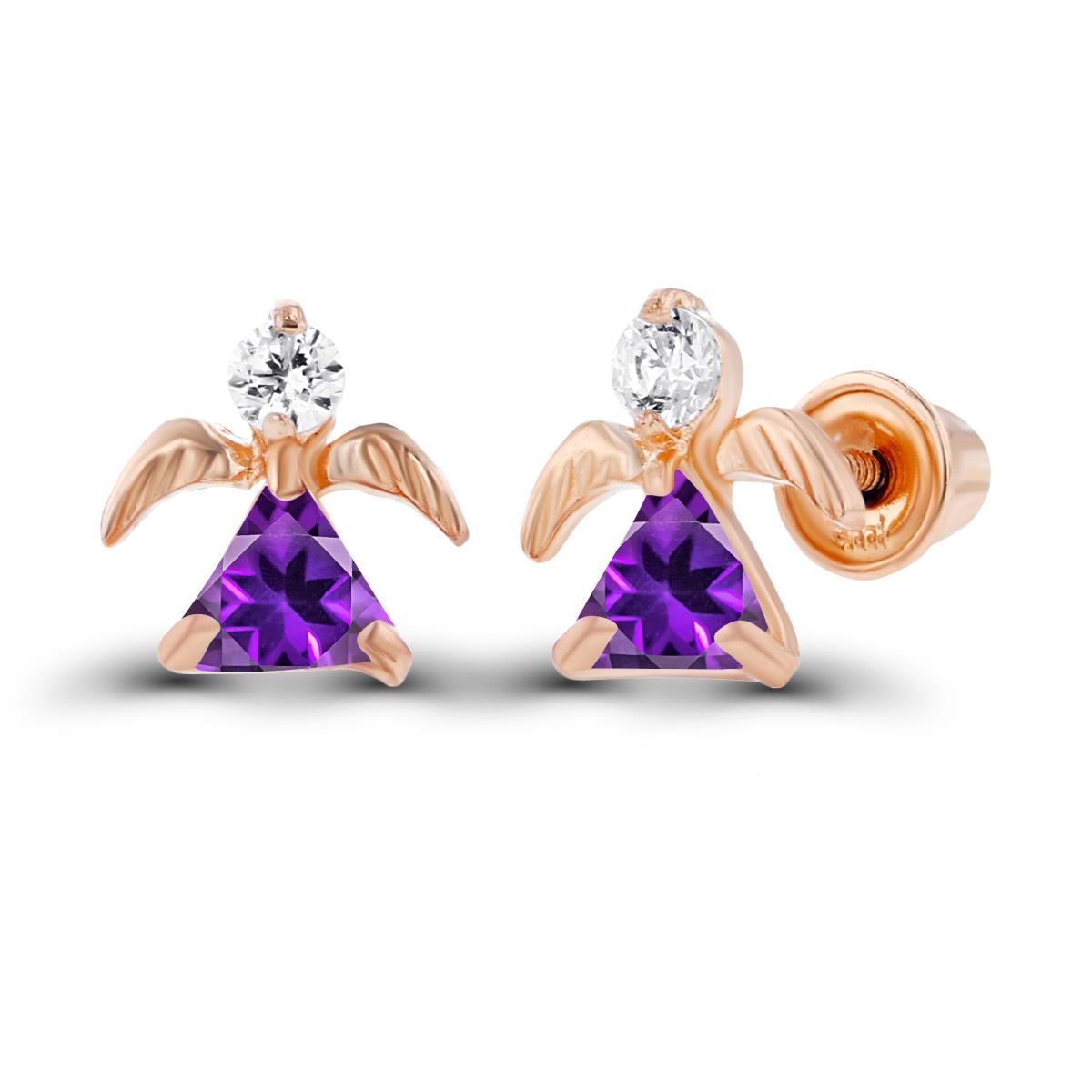 Sterling Silver Rose 3x3mm Trillion Amethyst & 2mm Round Created White Sapphire Angel Screwback Earrings